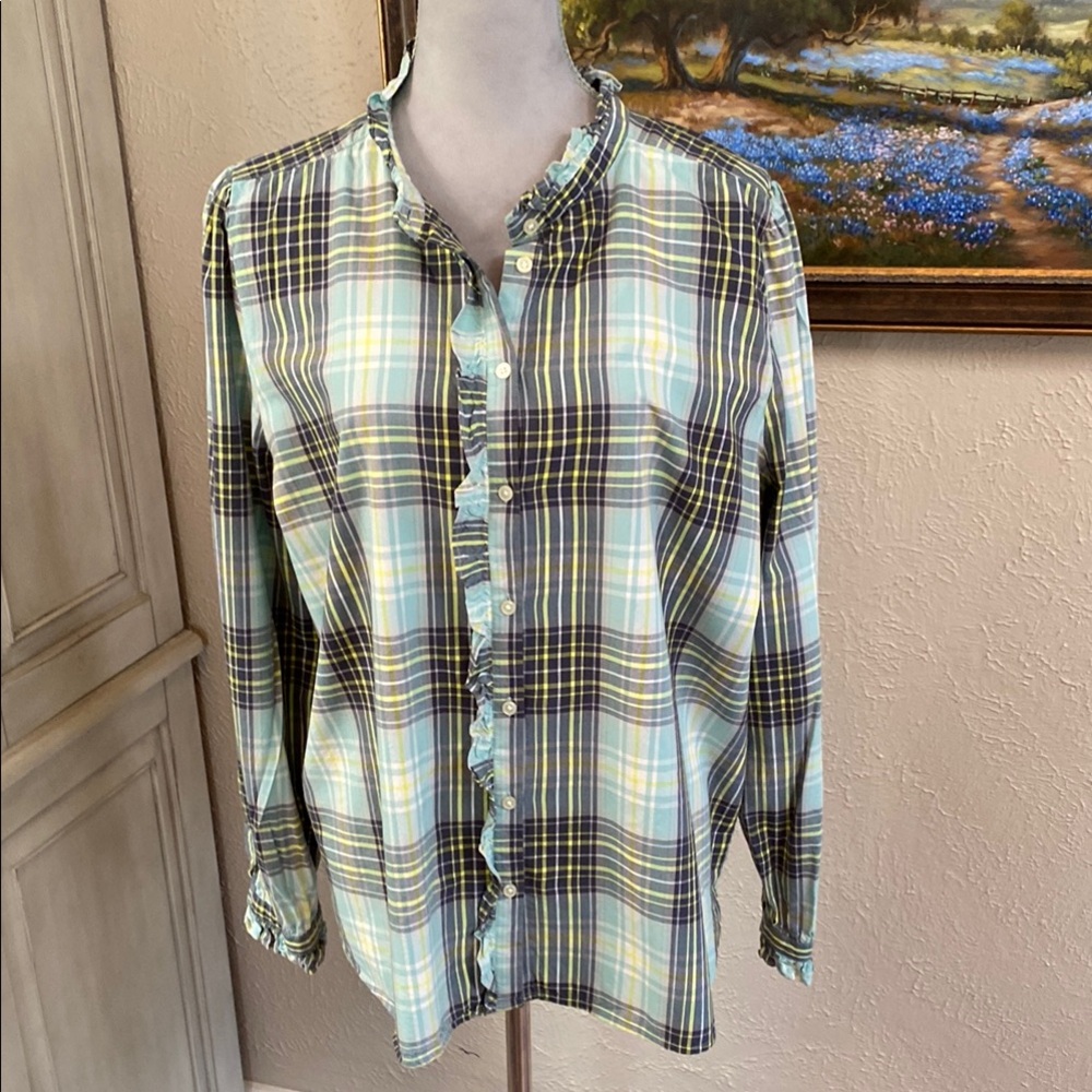 LOFT Women's Plaid Button Down Shirt - Blue and Yellow